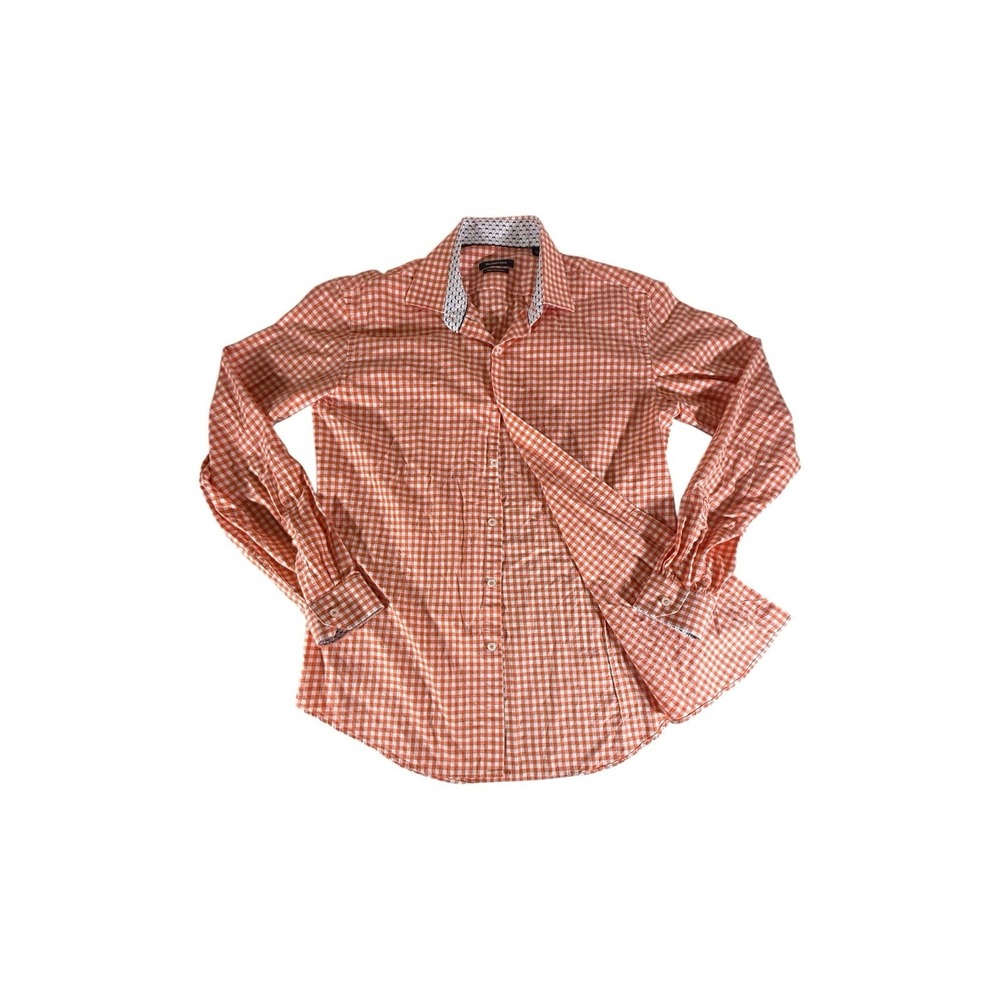 Bugatchi Shirt Adult Size 17.5 Orange Gingham Plaid Car Button Down Long Sleeve